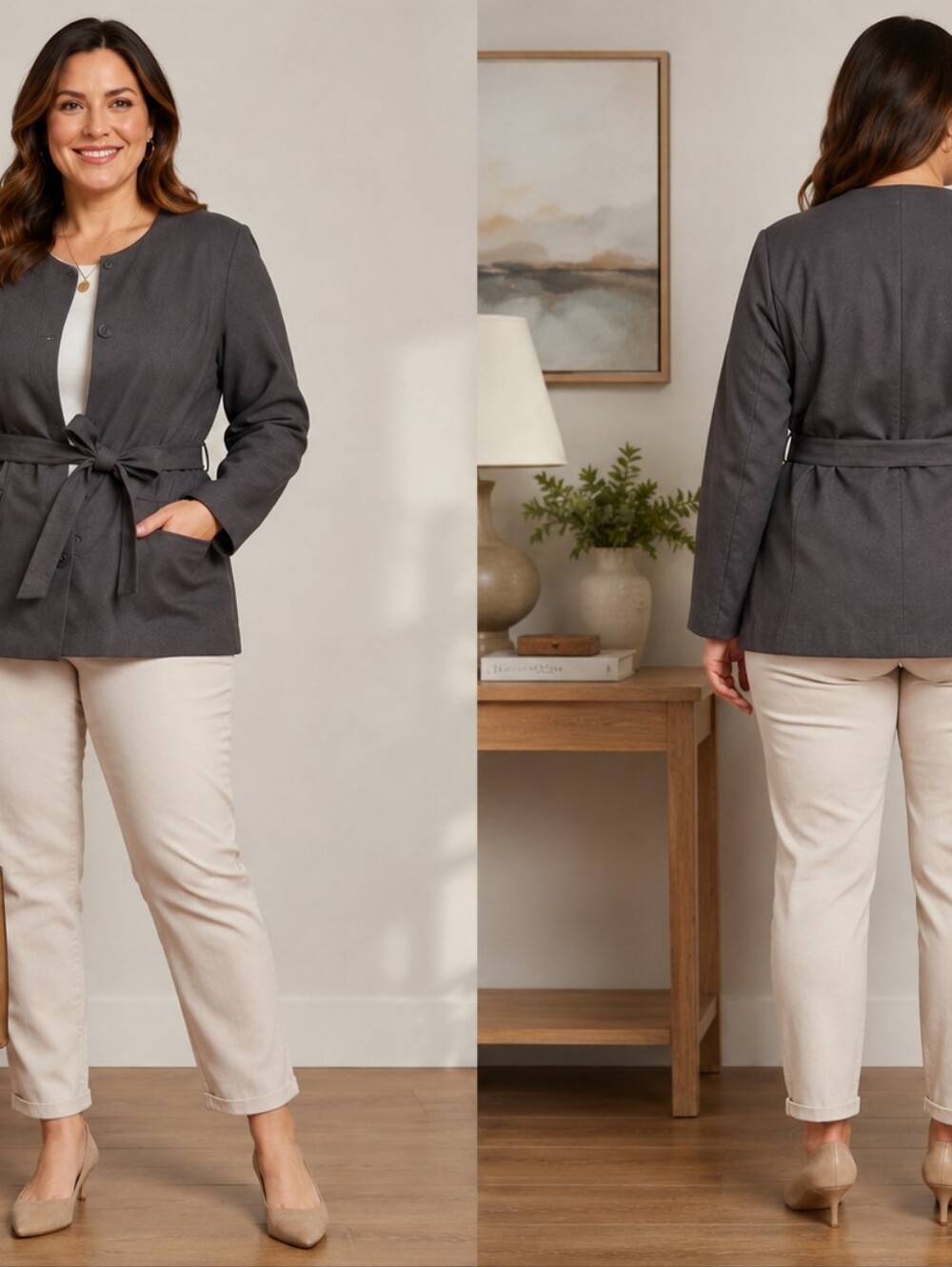 Venus Belted Open Front Jacket Blazer – Size 16 – Charcoal Gray Contemporary
